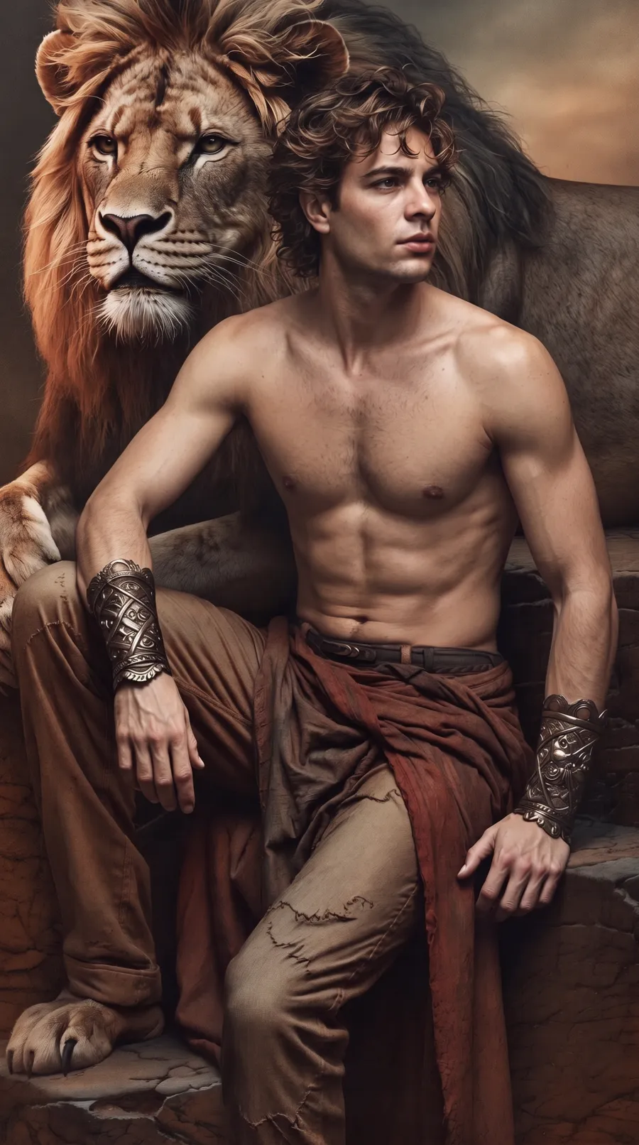 León Fu joven, junto a un león